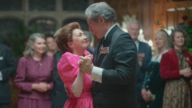 Timothy Dalton and Lesley Manville in The Crown